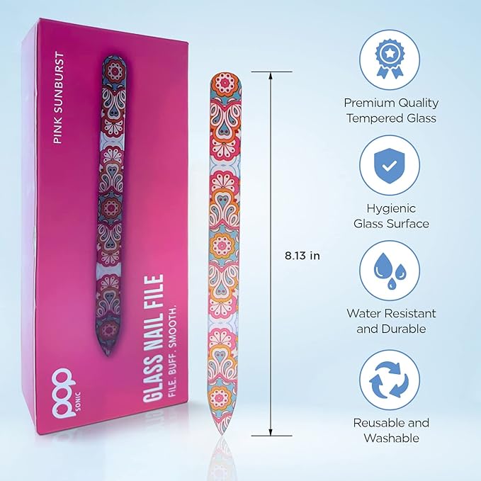 Pop Sonic Double-Sided Glass Nail File | Fingernail Files for Shaping & Smoothing Nails | High-Quality Tempered Glass | Strong, Wear-Resistant Filer w/Protective Carrying Case (Sunburst)