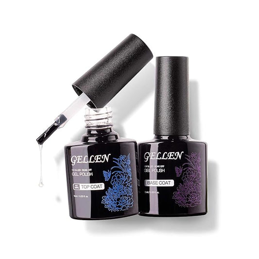 GELLEN Gel Top Coat and Base Coat, 2Pcs No Wipe Gel Nail Polish, Soak Off Nail Lamp Clear Base Top Coat Long Lasting Finish Nail Art Design Home Gel Manicure Kit