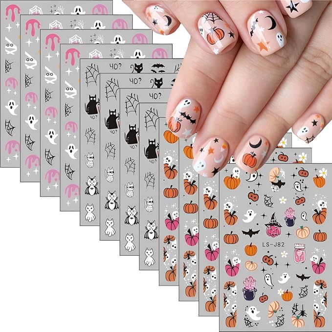 12 Sheets Halloween Nail Stickers for Nail Art 3D Self Adhesive Halloween Nail Decals Cute Ghost Nail Art Stickers Pumpkin Nail Design DIY Manicure Cat Bat Nails Supplies for Women Girls