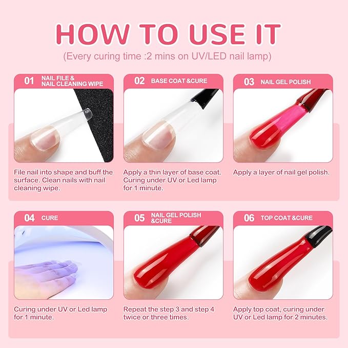 PEACECOLOR Gel Nail Polish Kit with U V Light, 6 Colors White Nude Pink Jelly Sliver Glitter Gel Polish Kit 50PCs False Tips Base Top Coat Nail Art Stickers Manicure Tools Salon DIY Home for Women