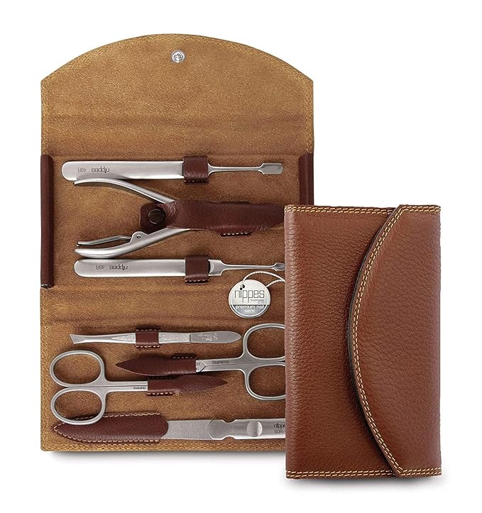 Nippes Solingen Manicure Set, 7-Piece, Stainless Steel, Nickel-Free, Genuine Brown Cowhide Leather Case Made In Solingen Germany