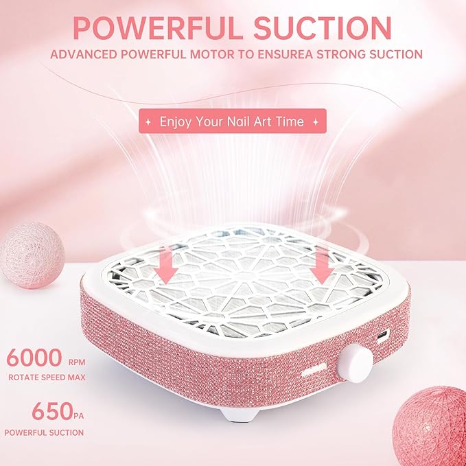 Nail Dust Collector, Cordless Dust Collector Nail Tech, Compact Powerful 6000RPM Nail Vacuum Fan Rechargeable Dust Extractor for Acrylic Gel Polish Manicure Pedicure for Home, Pink