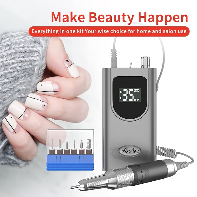 Kredioo Nail Drill 35000RPM Professional Electric Nail Drill Rechargeable Portable Efile Machine 6 Bits Kit Remove Acrylic Gel Nails Dip Powder for Salon Manicure Pedicure -Grey