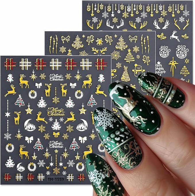 3D Christmas Nail Stickers for Nail Art, Gold Self-Adhesive Christmas Nail Art Stickers Decals 6PCS Deer Snowflake Crystal Ball Bow Tree Snowman Xmas Nails Design Holiday Manicure Supplies for Women