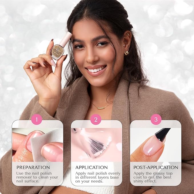 AZUREBEAUTY Nail Polish Set, 4 Colors Dazzling Gold Silver Pink Quick Dry Natural Nail with Top Coat,Professional for Nail Art DIY Manicure and Pedicure at Home
