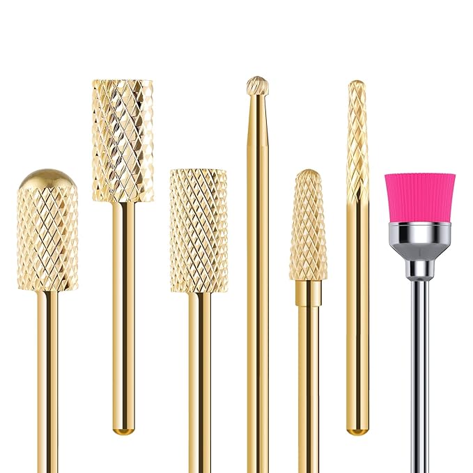 MelodySusie Nail Drill Bits Set, 7pcs Tungsten Carbide Nail Bits for Nail Drill E-file, 3/32 inch Bits Manicure Pedicure Remover Tools for Acrylic Gel Nails, Salon Home Nail Care Supplies, Gold