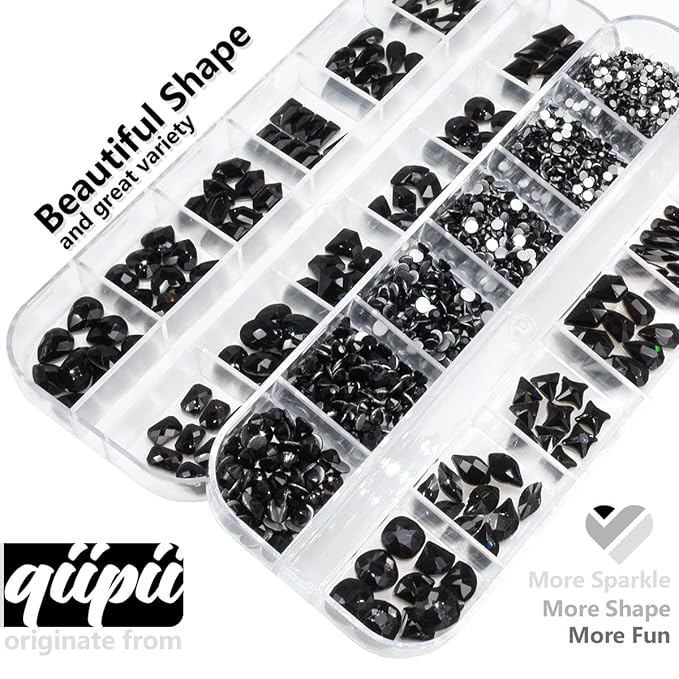 24 Styles Jet Black Nail Rhinestones Multi Shapes Flatback Gems Round Beads K9 Glass Crystals Stones Diamonds Jewels Nail Art Charms Supplies for Nails Face Eyes Makeup Crafts Tumblers Bottles