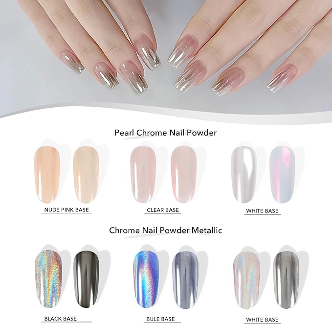 Chrome Nail Powder White And Silver 4 Colors Holographic Pearlescent Chrome Nail Powder Nail Art Glitter, Shiny and Long Lasting for Nail Art Decoration