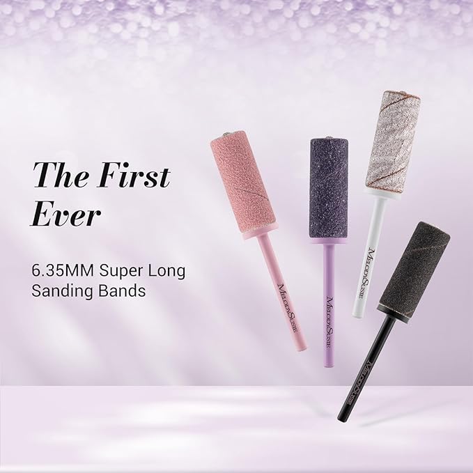 MelodySusie 50 Pcs Nail Drill Bits Super Long Sanding Bands with 6.65mm Crystal Mandrel Bit, 240 Extreme Fine Grit Nail File for Acrylic Nails Gel Manicures and Pedicure, Purple