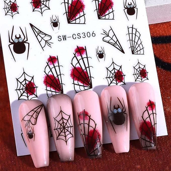 Halloween Nail Stickers Self-Adhesive Cute Spider Web and Spider Designs Nail Art Supplies Spiders Nail Decals Holiday Salon Manicure Decoration for Women DIY Nails Supplies