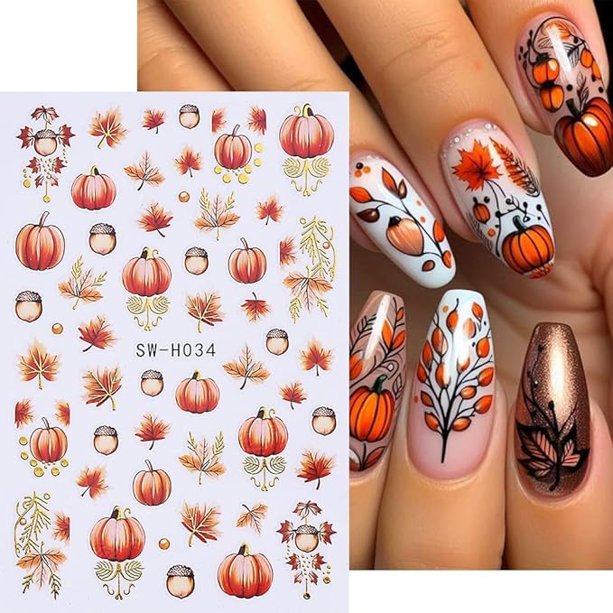 Pumpkin Nail Art Stickers Fall Maple Leaf Nail Decals 6PCS Maple Leaves Pumpkin Nails Design 3D Self-Adhesive Nail Art Supplies Fall Stickers for Nails Thanksgiving Day Women DIY Manicure Decorations