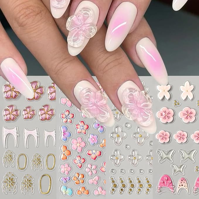 4 Sheets Flower Nail Art Stickers 5D Embossed Colorful Spring Summer Nail Sticker Self Adhesive Five-Petaled Floral with Gold Beads Glitter Design Floral Nail Decals for Women and Girls DIY Nails