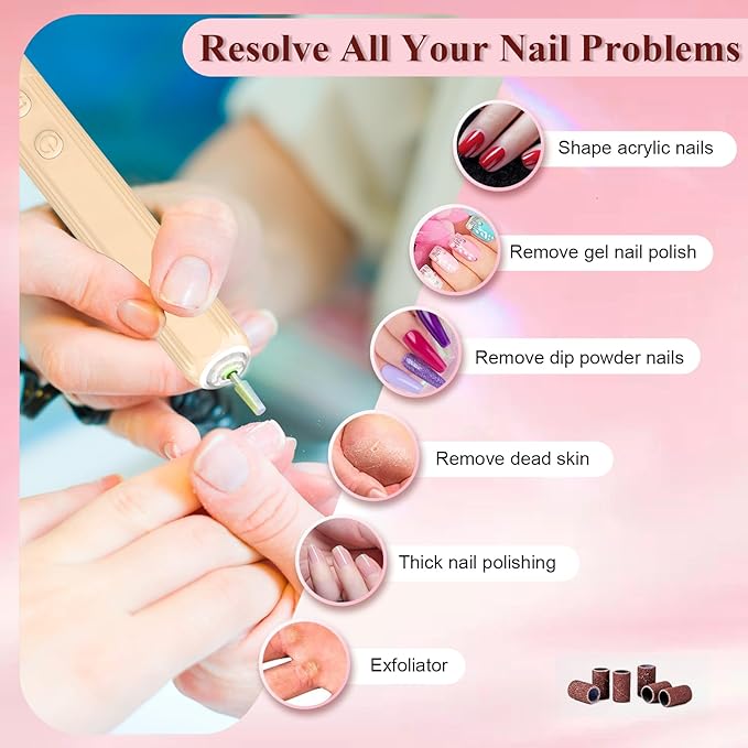 Professional Nail Drill Set, 2,0000 RPM Electric Nail File with 12 Grinding Head & 100Pcs Sanding Bands for Acrylic Gel Nails, Manicure and Polishing (Beige)