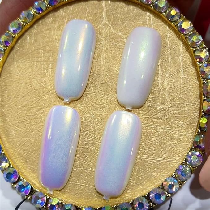 1 Box Mermaid Chrome Nail Powder Iridescent Aurora Chrome Pigment Powder for Nail Art, White Unicorn Pearl Nail Powder Mirror Effect Nail Art Decoration