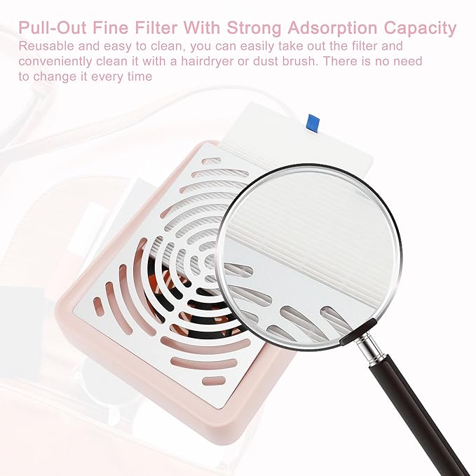 VOCOSTE Nail Dust Collector with Lamp, Nail Vacuum Dust Collector Kit, Low Noise Nail Fan Dust Collector, Dust Collector Nail Tech for Manicure Acrylic Gel Nails Polishing, Pink
