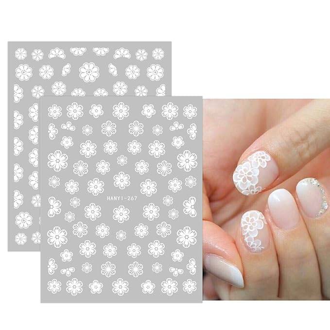 JMEOWIO 12 Sheets Spring White Flower Nail Art Stickers Decals Self-Adhesive Pegatinas Uñas Summer Butterfly Leaf Floral Nail Supplies Nail Art Design Decoration Accessories