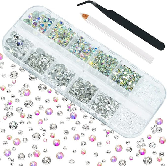 4010pcs AB Crystal Clear Rhinestones, Crystal AB White Flatback Rhinestones for Face Charms, Nail Art Supplies 6 Sizes (1.6-6mm) to SS30 K9 Glass Nail Gems Stones Jewels for Eyes Face Makeup