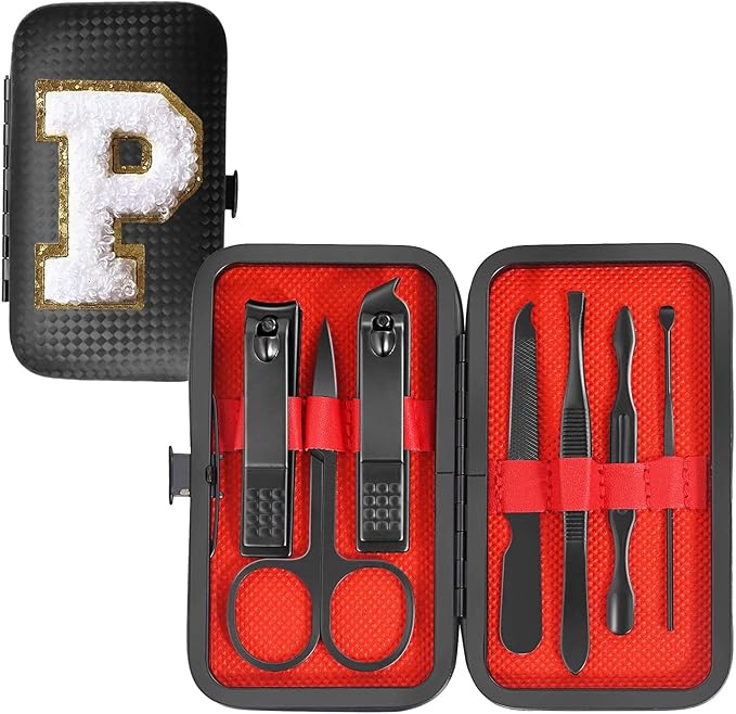 Manicure Set 7 PCS Nail Clippers Kit, Bafezoze Mens Grooming Kit, Initial Christmas Stocking Stuffers for Men Boys Letter P