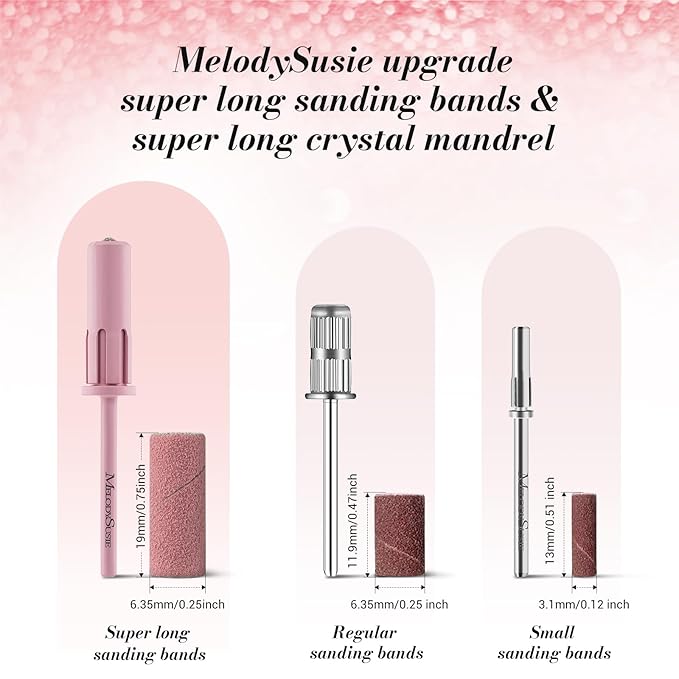 MelodySusie 50 Pcs Nail Drill Bits Super Long Sanding Bands with 6.65mm Crystal Mandrel Bit, 240 Extreme Fine Grit Nail File for Acrylic Nails Gel Manicures and Pedicure, Pink