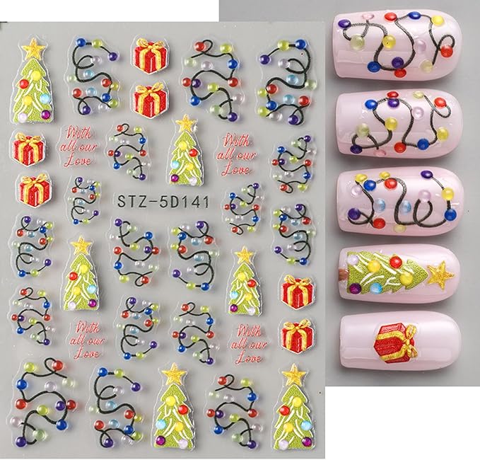 2pcs Christmas Nail Art Stickers 5D Embossed Colorful Christmas Light Strips & Green Christmas Tree Design Nail Adhesive Stickers Xmas Nail Decals Red Gift Sticker for Women DIY Manicure Decor Tips