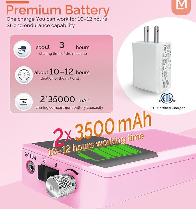 Professional Nail Drill Machine - 2-in-1 Brushless Motor Nail File, 45000 RPM 2*3500mAh Portable Efile for Acrylic Gel Nails with 6 Bits & ETL-Certified USB Charger for Salon & Home(Pink)