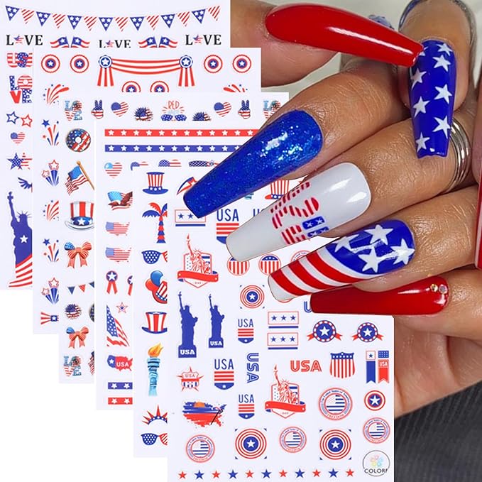 6 Sheets 4th of July Nail Art Stickers 3D Self Adhesive Independence Day Nail Stickers American Flag Patriotic Design Sticker Supplies Pegatinas Uñas Firework Nail Sticker for Women Acrylic Manicure