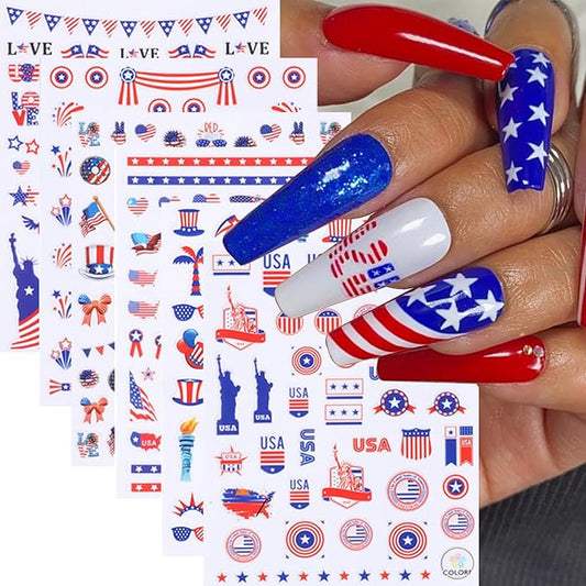 6 Sheets 4th of July Nail Art Stickers 3D Self Adhesive Independence Day Nail Stickers American Flag Patriotic Design Sticker Supplies Pegatinas Uñas Firework Nail Sticker for Women Acrylic Manicure