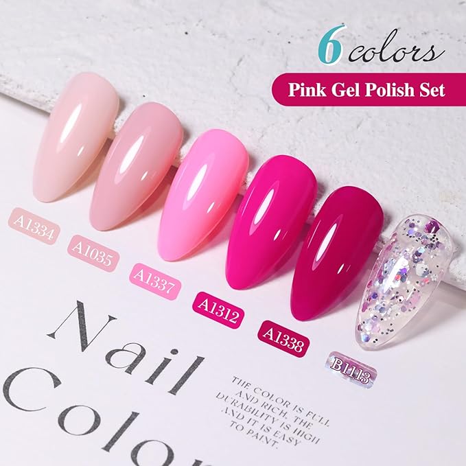 Double Rhythm Gel Polish Set of 6 Colors Baby Light Pastel Milky Gel Polish Starter Kit Art DIY Salon Home (Neon Bright Glitter Pink,Kit 16)