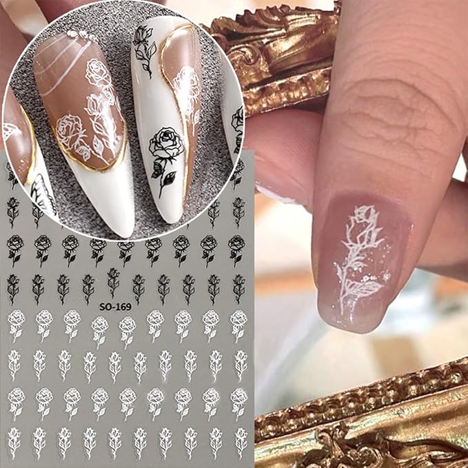6 Sheets Gold Nail Art Stickers,3D Metallic Self-Adhesive Nail Decals Gold Silver Black White Cherry Blossom Rose Leaf Butterfly Nail Design Bronzing Flower Nail Sticker for Women Manicure Decoration