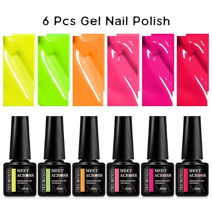 MEET ACROSS Neon Gel Nail Polish Set, Fluorescent Hot Pink Yellow Green Red Spring Summer Nail Polish Kit LED UV Gel Nail Polish Starter Manicure Salon DIY Nail Gel Polish 6 Colors