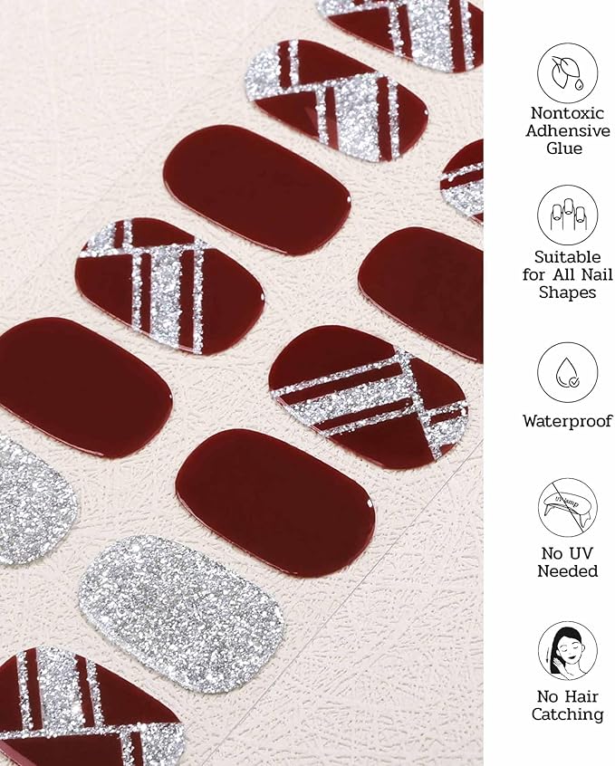 Nail Polish Strips - 22 Pcs Salon Quality Gel Nail Stickers - Long Lasting Wraps (Cherry Mocha Glitter)