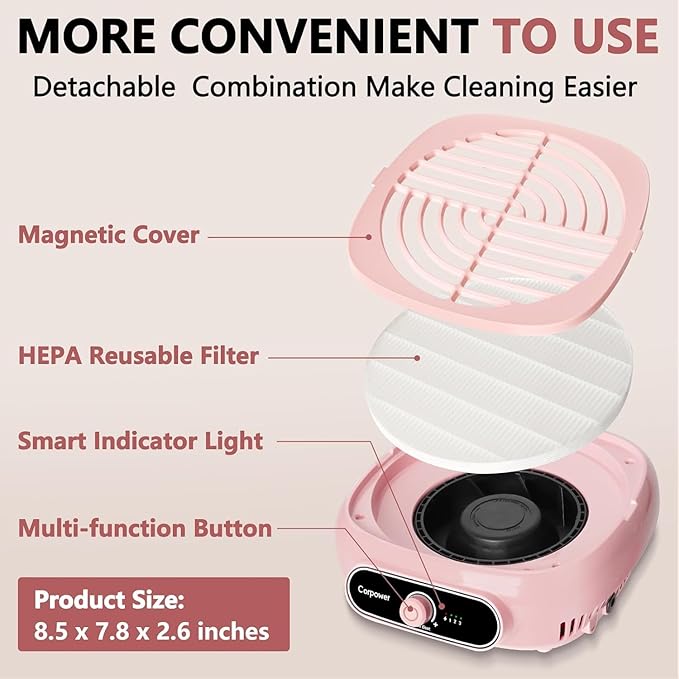 Nail Dust Collector, Professional Brushless Turbo Dust Collector Nail Tech with Reusable Filter,Powerful Nail Vacuum Fan Dust Extractor Manicure Tool for Nail Polishing,Salon & Home (Pink)