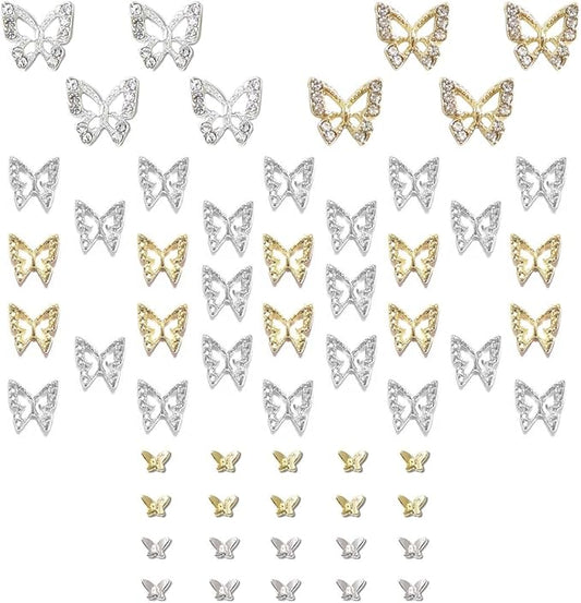 Golden & Silver 3D Butterfly Nail Charms - 58pcs, Includes 8 Rhinestones & 50 Alloy Studs - DIY Nail Art Crystals & Diamonds Decor Supplies