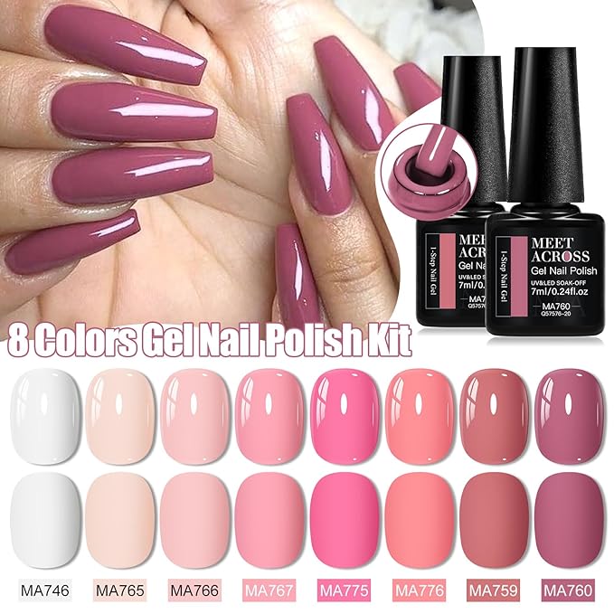MEET ACROSS 1 Step Gel Polish Set Nail Art Manicure 3 in 1 Gel Kit Soak Off LED Gel Nail Varnishes No Need base gel top coat (Set-6, 8PCS)