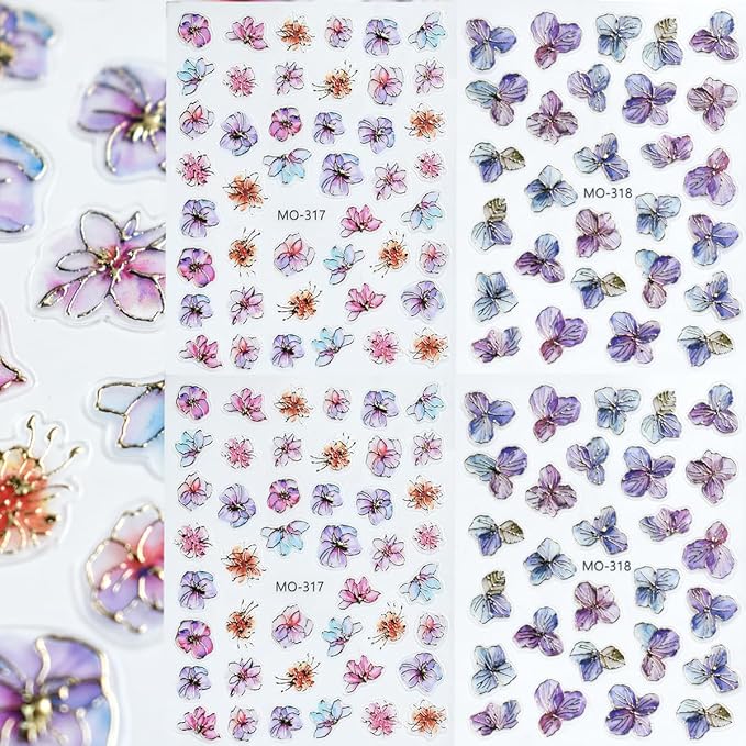 4 Sheets Shiny Flower Nail Stickers for Nail Art 3D Glitter Purple Golden Flower Nail Design Stickers Purple Golden Glossy Nail Decals Holographic Nail Supplies for Women DIY Nails Art Decoration
