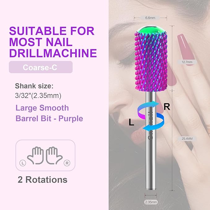 3/32" 2PCS Large Barrel Smooth Round Top Tungsten Carbide Nail Drill Bit Safety Bit for Gel & Acrylic Removal, 2-Way Rotating Efile Tip, Salon Electric File Accessory (C Grit, Purple)