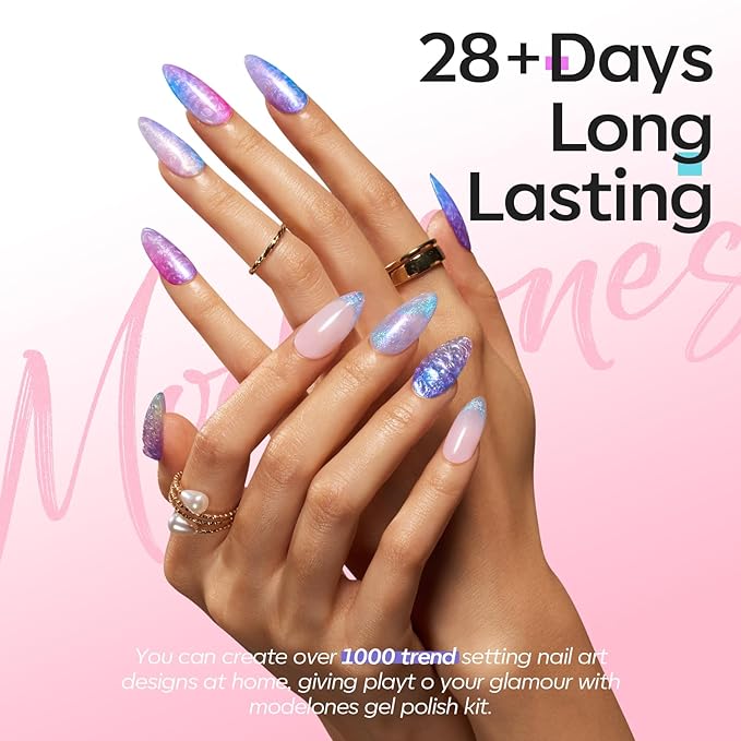 modelones 32 PCS Summer Gel Nail Polish Set, 28 Colors Glitter Cat Eye Jelly Pearl Chameleon Gel Polish with Magnet, No Wipe Base Coat, Glitter & Glossy & Matte Top Coat Soak Off Nail Art Kit