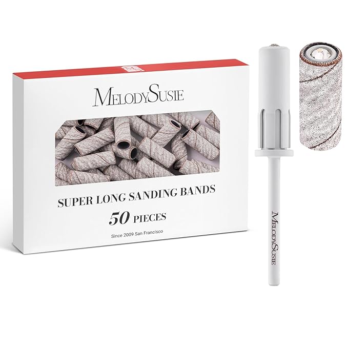 MelodySusie 50 Pcs Nail Drill Bits Super Long Sanding Bands with 6.65mm Crystal Mandrel Bit, 180 Fine Grit Nail File for Acrylic Nails Gel Manicures and Pedicure, Zebra