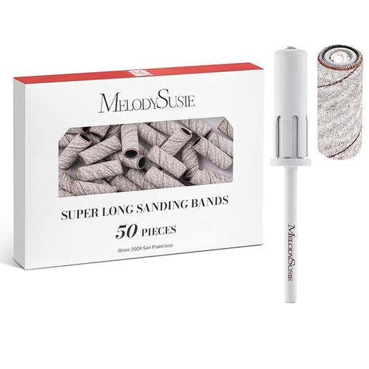 MelodySusie 50 Pcs Nail Drill Bits Super Long Sanding Bands with 6.65mm Crystal Mandrel Bit, 180 Fine Grit Nail File for Acrylic Nails Gel Manicures and Pedicure, Zebra