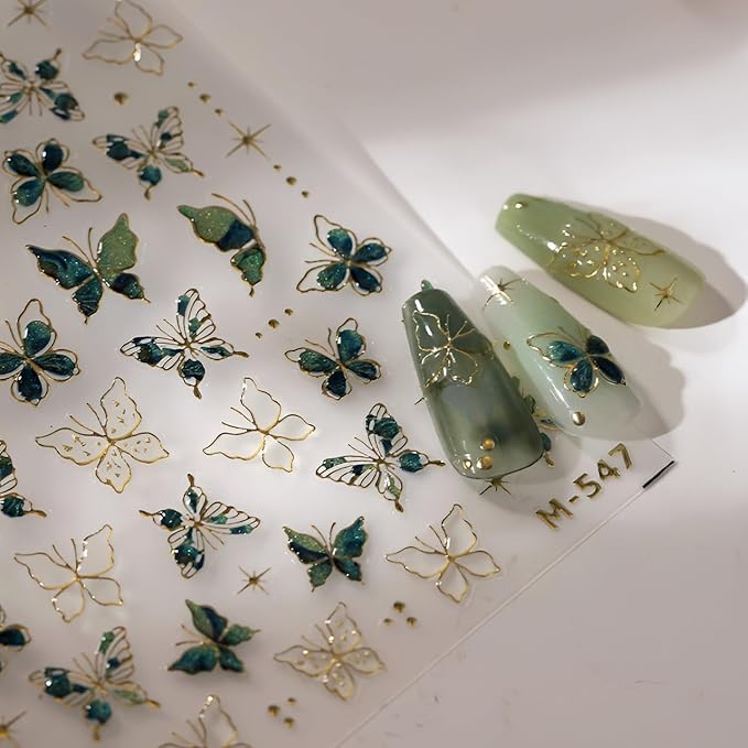 Green Butterfly Nail Stickers for Nail Art 5D Embossed Nail Decals Gold Butterfly Nail Art Stickers Cute Nail Supplies for DIY Manicure Self Adhesive Nails Design for Women