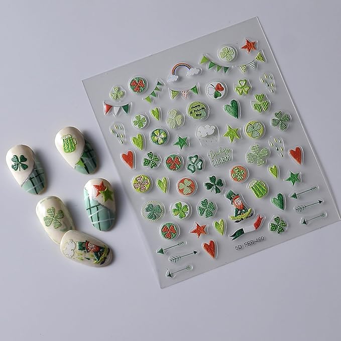 St. Patrick's Day Nail Art Stickers Green Shamrock Nail Stickers 5D Embossed Nail Decals Self-Adhesive Nails Design Green Nail Art Supplies Manicure Sliders St. Patrick's Sticker for Nails Decoration