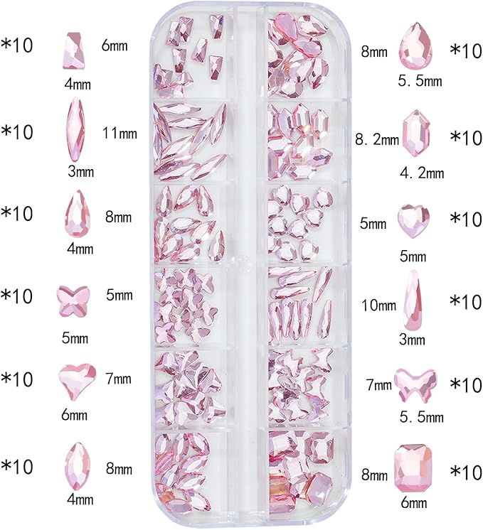 Nail Rhinestones - 3D Multi Shape Size, Flat Back, Manicure Rhinestones Charms, Crystal Pink Gems, with Kit, for Nail Art, Bedazzling Acrylic Nails, DIY Decor