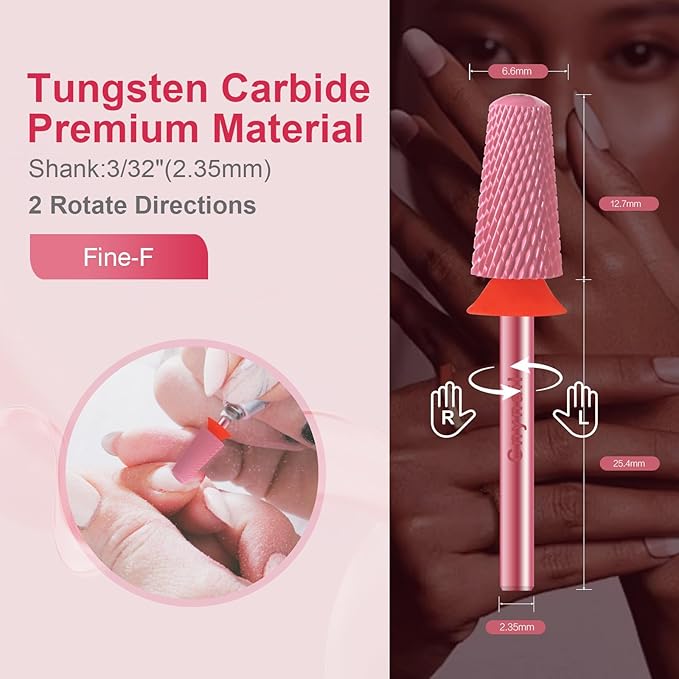 3/32" Large Tapered Smooth Top Bit Tungsten Carbide Nail Drill Bit Safety Bit for Gel & Acrylic Removal, 2- Way Rotating Efile Tip, Salon Electric File Accessory (F Girt, Rose Red)