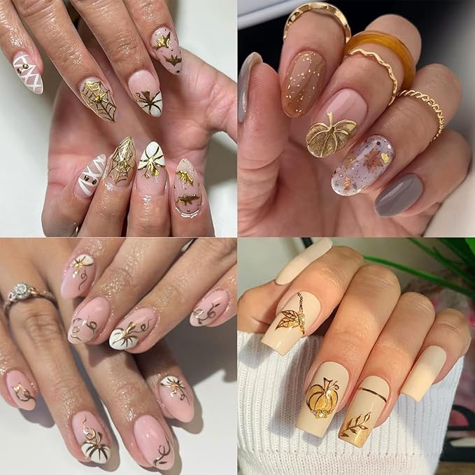 4 Sheets Halloween Nail Art Stickers Decals Fall Nail Decals Gold 3D Self-Adhesive Ghost Bat Spider Web Pumpkin Nails Decor Autumn Maple Leaf Nails Designs Stickers for Women Party Manicure Supplies
