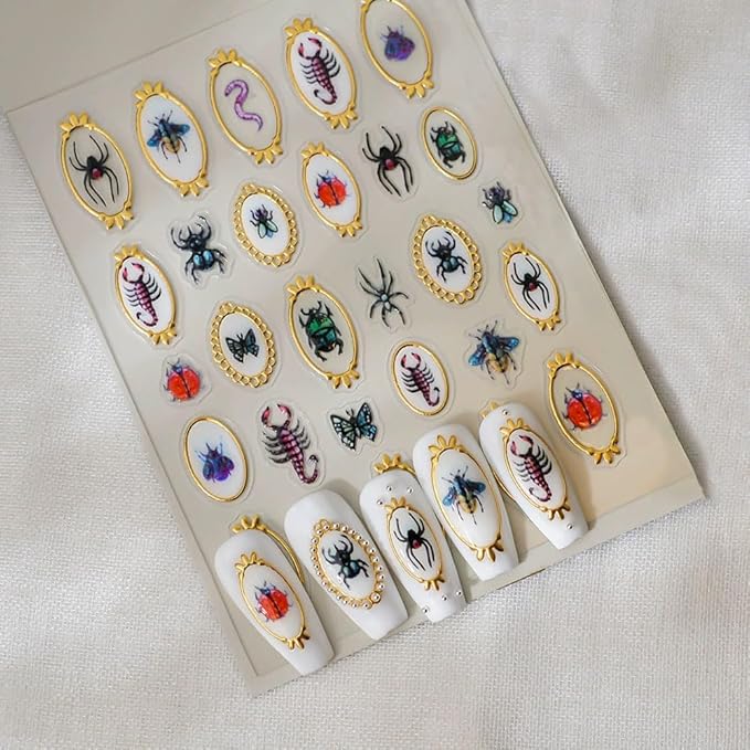 2 Sheets Nail Stickers for Nail Art, Spring Summer 5D Embossed Insect Nail Decals Centipede Spider Butterfly Golden Edge Design Self-Adhesive Nail Supplies Nail Art Accessories