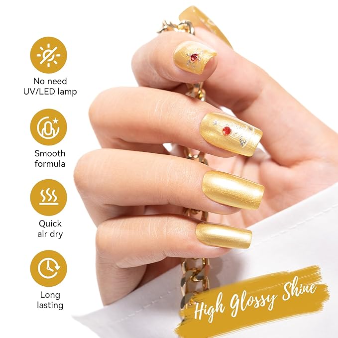 Metallic Gold Nail Polish with Base Top Coat 3 IN 1 Nail Strengthener, Quick Dry Clear & Liquid Golden Nail Polish Duo, Opaque, Non-Gel, Professional Nails Art Kit Home Manicure DIY Gift