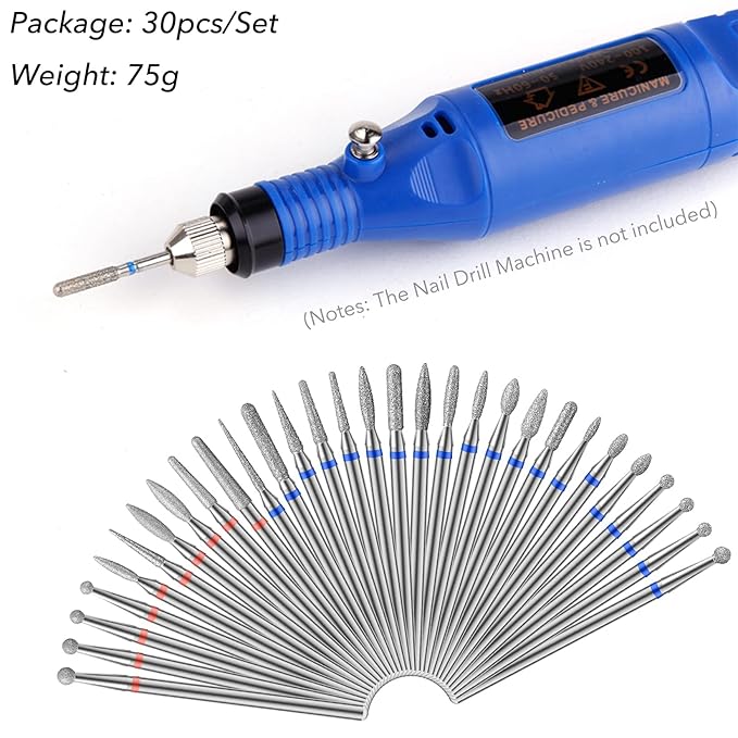 30-Piece Nail Cutter Drill Bit for Manicure Tungsten Steel Professional Manicure Drill Set Universal Diamond Drill Bits for Nails Electric Drill