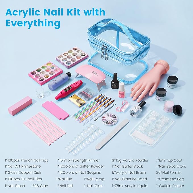 Nail Kit for Beginners with Everything: Professional Nail Acrylic Powder Liquid Set with Practice Hand Drill U V Light in Cosmetic Bag for Women Salon Home(Blue)