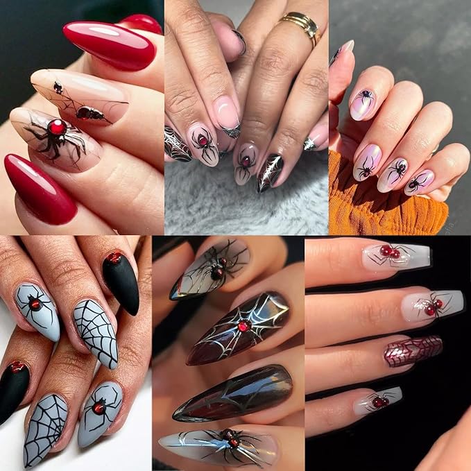 2 Sheets Spider Nail Decals for Nail Art Embossed Halloween Nail Stickers with Rhinestones Designs 5D Horror Spider Nail Art Stickers Self-Adhesive Halloween Holiday Nail Supplies for Women