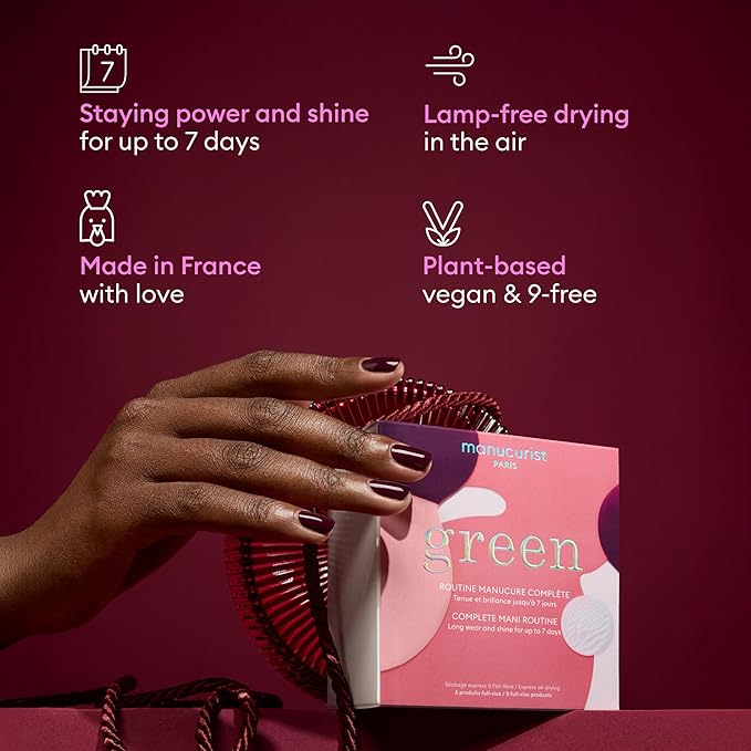 Manucurist Green™ System Set with Plum - Professional Vegan Plant-Based Manicure Kit: 1 Degreaser, 1 Base Coat, 1 Nail Polish Dark Wine, 1 Top Coat, Dried Drops - Gifts for Women